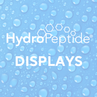 A white hydropeptide logo on a light blue background covered in water droplets